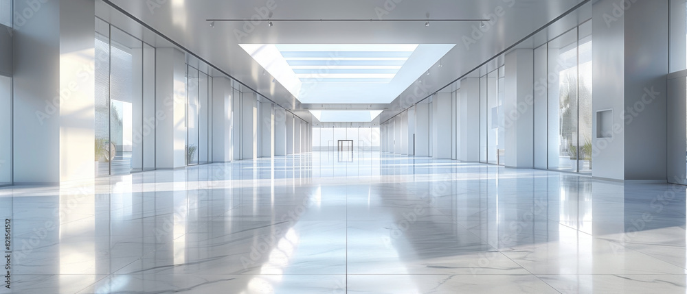 Fototapeta premium Sleek, empty showroom with clean lines and glossy surfaces.