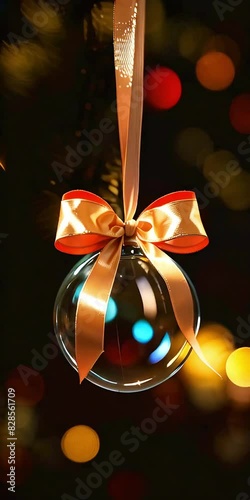 Christmas background. A transparent Christmas ball with an orange bow close-up hangs on a ribbon on a Christmas tree on a dark background with bokeh lights. Vertical video.