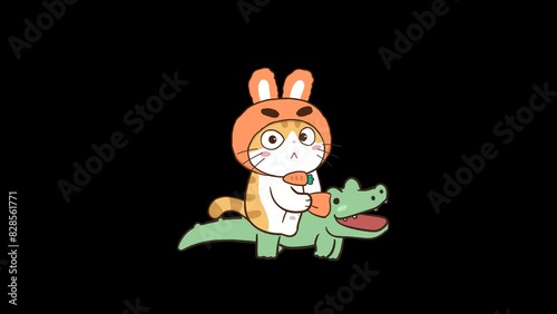 Animated Little Cat Sitting on Crocodile - Transparent Background