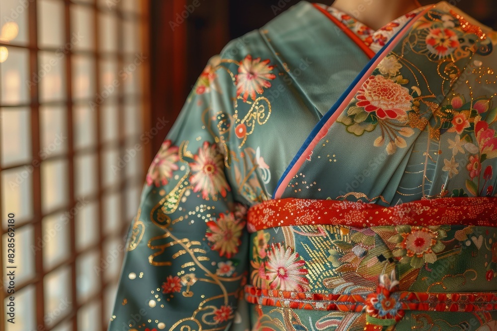 A woman wearing a kimono with floral patterns A woman wearing a kimono with floral patterns