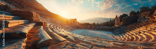 A photo of a historic Greek amphitheater coastal backdrop sunset time background
 photo