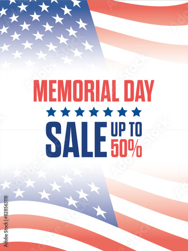 Vector Memorial Day Sale design with up to 50 percent off, American flag.