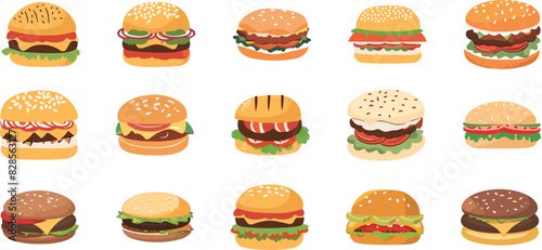 Vector pack set of 15 flat-style hamburger icons.
