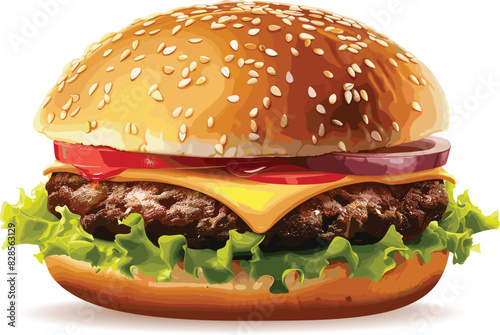 Vector illustration of a cheeseburger with lettuce, cheese, tomato, onion, on a sesame seed bun.