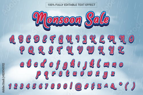 Monsoon Sale Font Style 3D Effect. Complete set of alphabet, number and symbol. Mobile Game and Fun Zone on ecommerce platform.