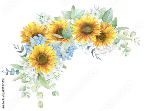 Watercolor sunflower bouquet, sunflower wedding border PNG, green leaves, yellow and blue colors, blue hydrangea, eucalyptus leaves