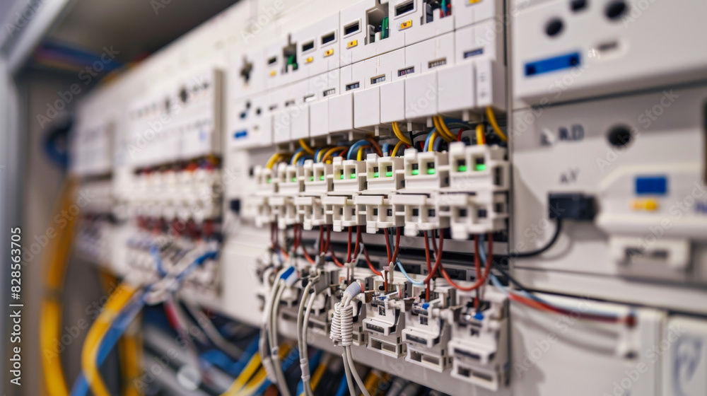 Neatly organized white electric switchboard with wires Neatly organized white electric switchboard with wires