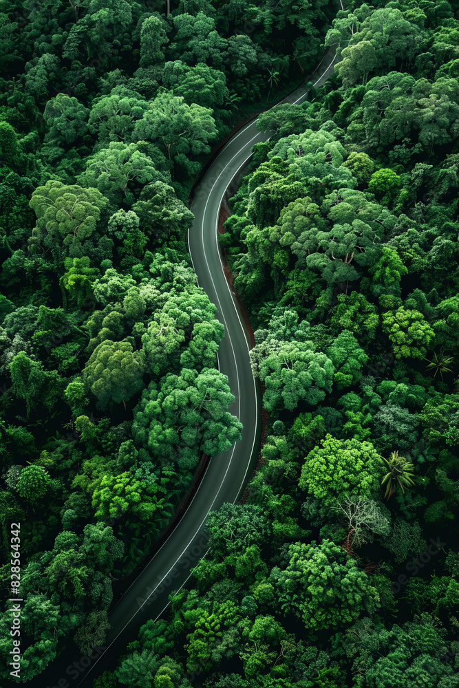 Aerial view of a winding road in a lush green forest during the rainy season. Aerial view of a winding road in a lush green forest during the rainy season.