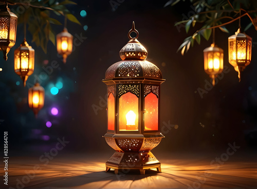Islamic Background for Eid Mubarak Lantern Mosque Golden Crescent 3d clouds AI generated 