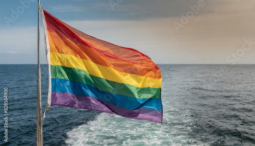 lgbt flag against ocean sea whater background, pride parade, lgbt pride month, fight against homophobia, tolerance, rally of many people, June 1 st photo