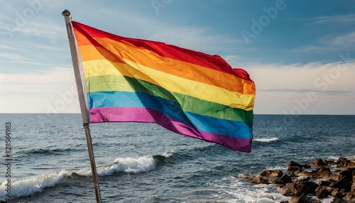 lgbt flag against ocean sea whater background, pride parade, lgbt pride month, fight against homophobia, tolerance, rally of many people, June 1 st photo