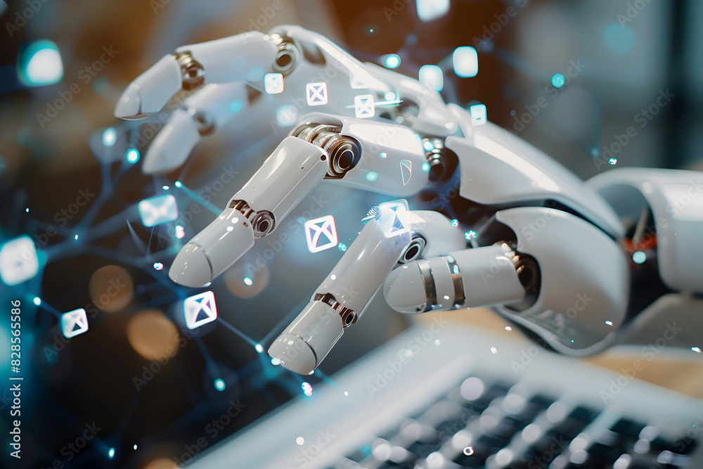 A Robot AI touching email, phone and contact icons on a virtual screen for a customer service concept. A Robot AI touching email, phone and contact icons on a virtual screen for a customer service concept.