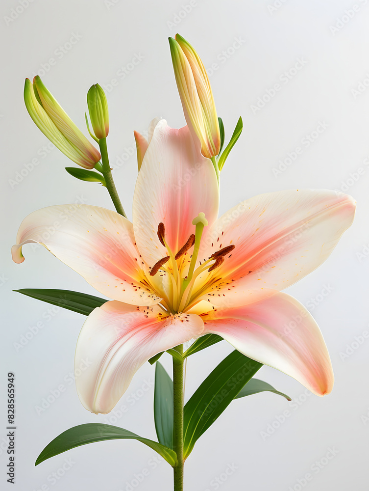 Obraz premium The image shows a beautiful flower with pinkish-white petals and yellow stamen.