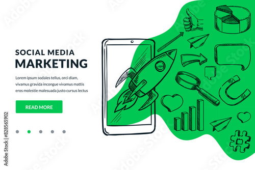 Rocket flying out smartphone screen and social media marketing symbols on green background. Advertisement, business technology and innovation strategy concept. Vector hand drawn sketch illustration