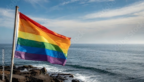 lgbt flag against ocean sea whater background, pride parade, lgbt pride month, fight against homophobia, tolerance, rally of many people photo