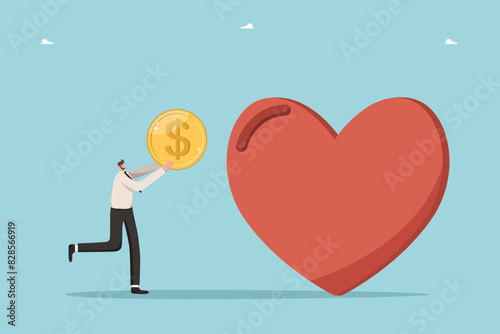 Support concept, help charity campaign for public awareness, mental health, keep balance between work and personal life, inspiration and motivation, man throws coin into heart as if into piggy bank.