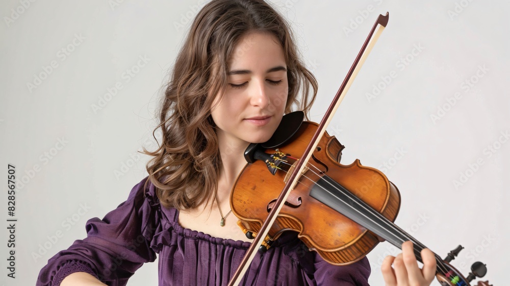 Beautiful woman playing violin against bright background Beautiful woman playing violin against bright background