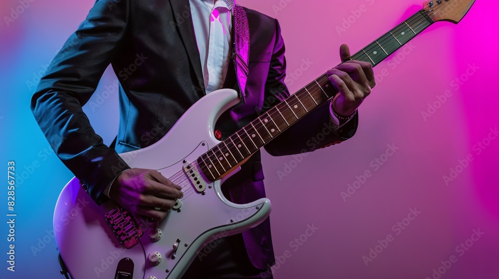 Close up view of musician in stylish suit playing guitar on colored background Close up view of musician in stylish suit playing guitar on colored background