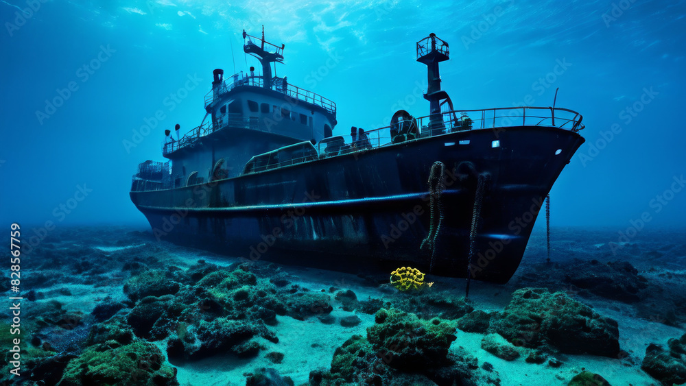a large ship underwater at night, illuminated by lights on the ship and light rays penetrating the water from above. The ocean looks rough a large ship underwater at night, illuminated by lights on the ship and light rays penetrating the water from above. The ocean looks rough