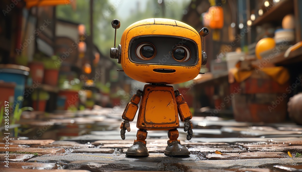 Cute yellow robot with big eyes in a cartoon style setting. Cute yellow robot with big eyes in a cartoon style setting.