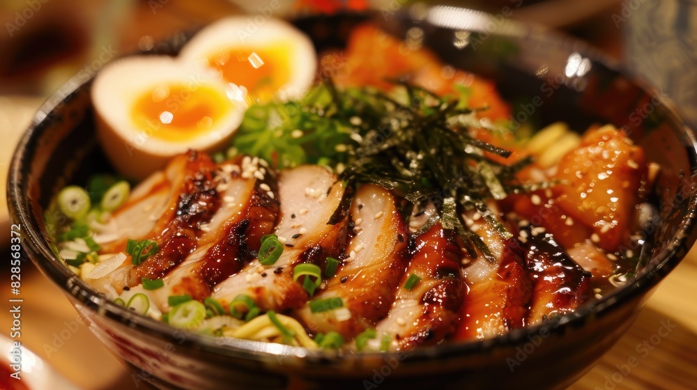 Caramelized pork is found on the top of a bowl of ramen Caramelized pork is found on the top of a bowl of ramen