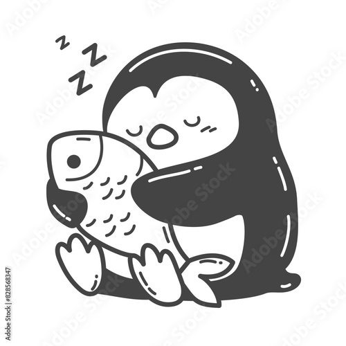 The penguin sleeps peacefully, holding a fish, its preferred meal.