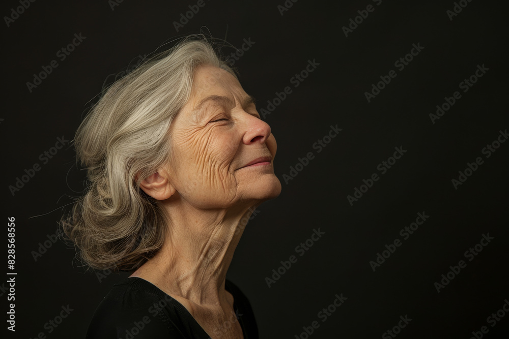 A close up of a woman's face with her eyes closed looking to a side A close up of a woman's face with her eyes closed looking to a side