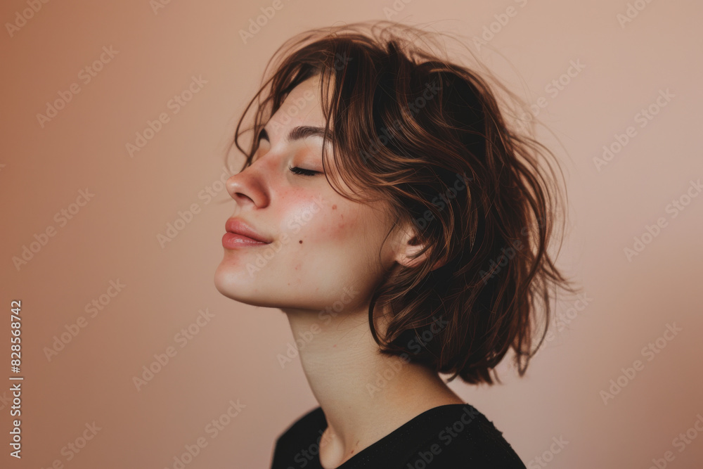 A close up of a woman's face with her eyes closed looking to a side