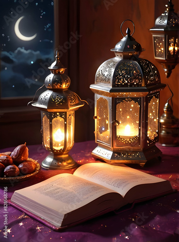 Islamic Background for Eid Mubarak Lantern Mosque Golden Crescent 3d clouds AI generated 