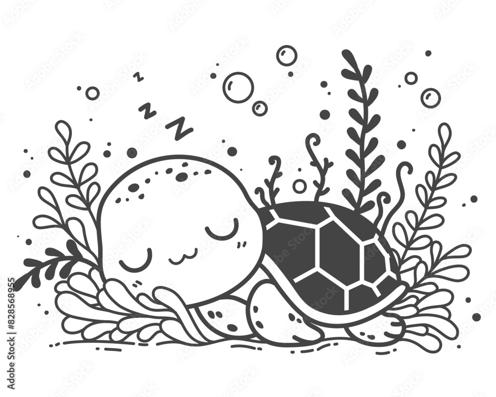 The sea turtle sleeps peacefully, holding a seaweed, its preferred meal.