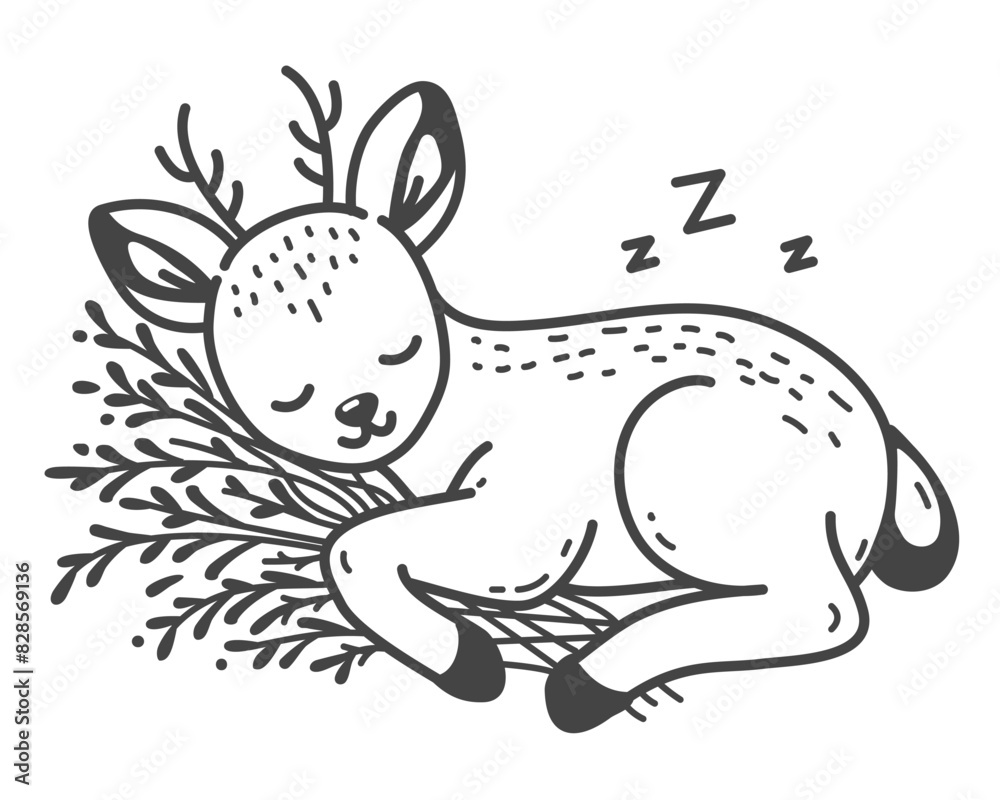 The deer sleeps peacefully, holding a grass, its preferred meal. The deer sleeps peacefully, holding a grass, its preferred meal.
