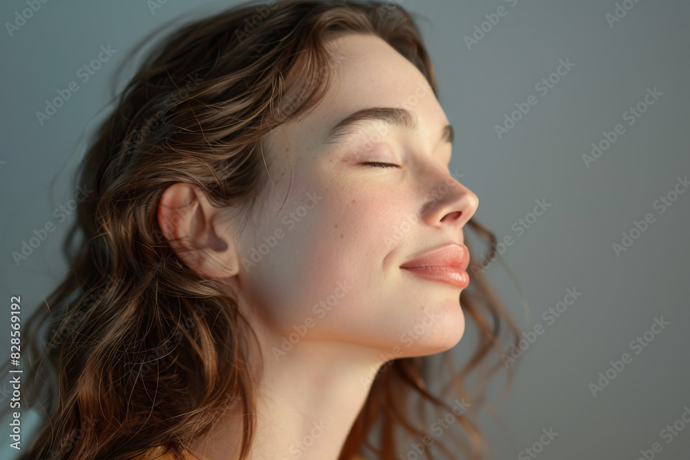 A close up of a woman's face with her eyes closed looking to a side A close up of a woman's face with her eyes closed looking to a side