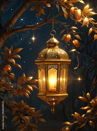 Islamic Background for Eid Mubarak Lantern Mosque Golden Crescent 3d clouds AI generated 