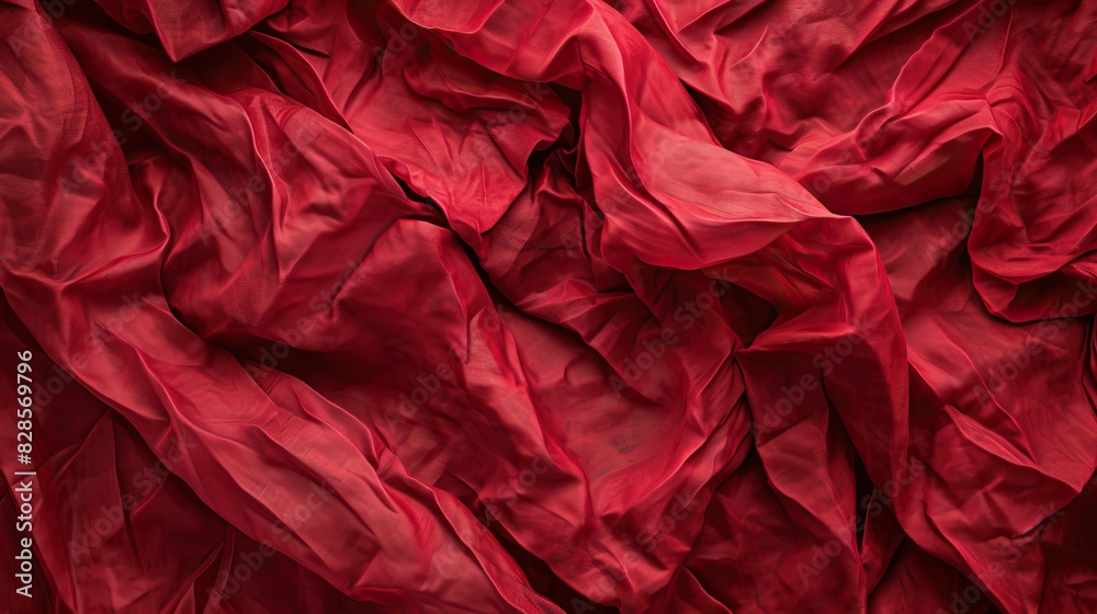 Close-up of vibrant red crumpled fabric texture creating a rich and intriguing background with folds and shadows. Close-up of vibrant red crumpled fabric texture creating a rich and intriguing background with folds and shadows.