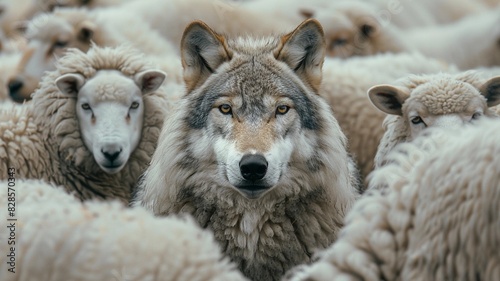 An artistic depiction of a wolf among sheep, symbolizing bravery and cleverness. Suitable for various uses including articles, posters, and digital content.
