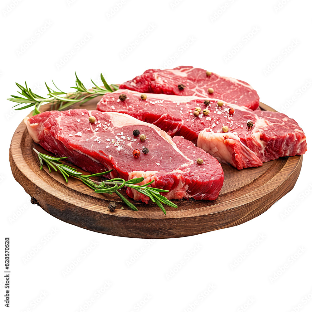 Fresh Raw Steaks on Wooden Board on Transparent Background Fresh Raw Steaks on Wooden Board on Transparent Background