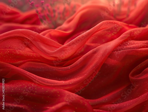 Close-up of flowing red fabric creating elegant and abstract wave patterns, showcasing soft textures and vibrant colors in natural light.