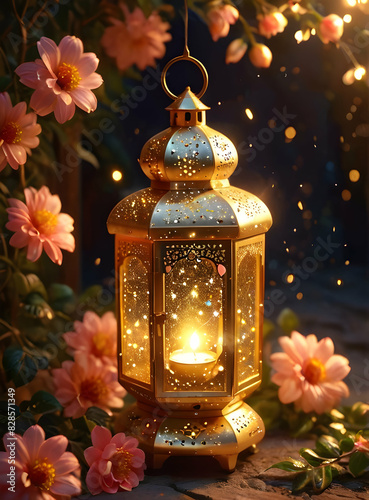 Islamic Background for Eid Mubarak Lantern Mosque Golden Crescent 3d clouds AI generated 