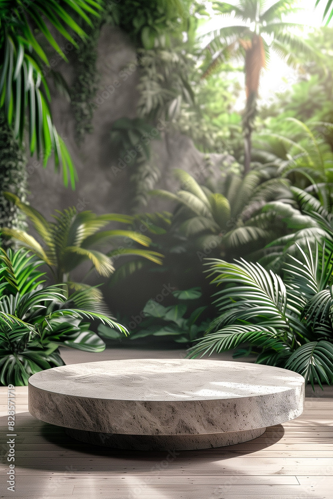 Product presentation with a rock podium set amidst a lush tropical forest