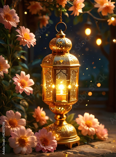 Islamic Background for Eid Mubarak Lantern Mosque Golden Crescent 3d clouds AI generated 