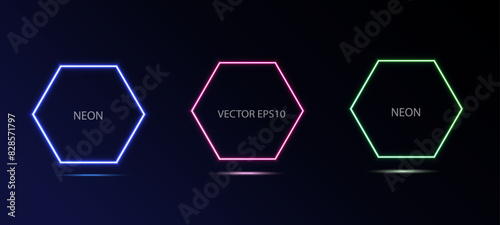 Set of illuminate frame design. Abstract cosmic vibrant color hexagon backdrop. Collection of glowing neon lighting