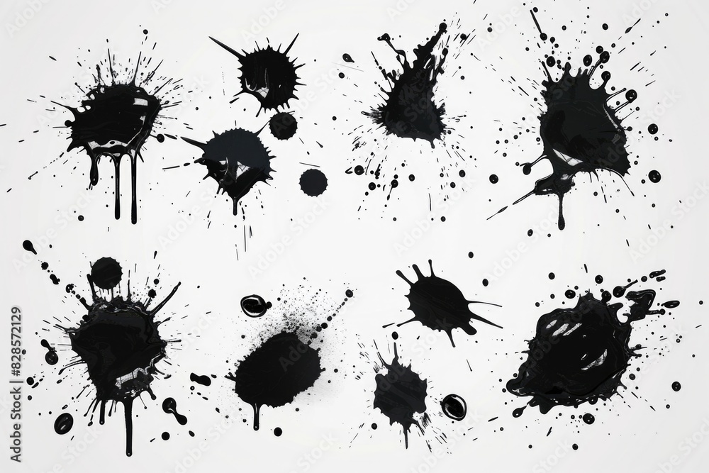 Abstract black ink splatters on a white surface. Suitable for backgrounds or artistic designs Abstract black ink splatters on a white surface. Suitable for backgrounds or artistic designs