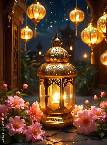 Islamic Background for Eid Mubarak Lantern Mosque Golden Crescent 3d clouds AI generated 