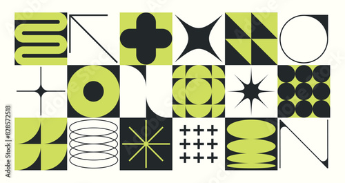 Set of neomodern geometric shapes. Brutalism, futuristic, memphis pattern ackground. Collection of black brutalism, geometric abstract shapes. Modern design for cards, invitation, branding, banner
