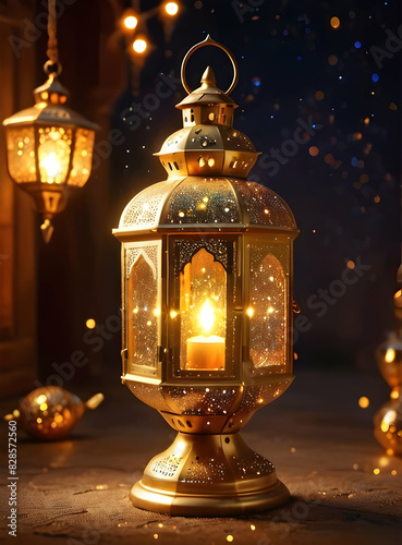 Islamic Background for Eid Mubarak Lantern Mosque Golden Crescent 3d clouds AI generated 