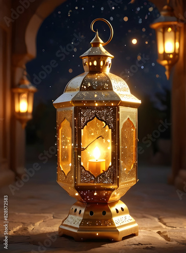 Islamic Background for Eid Mubarak Lantern Mosque Golden Crescent 3d clouds AI generated 