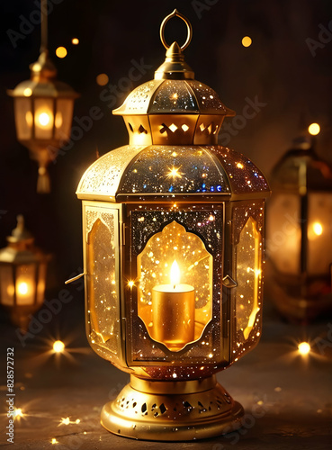 Islamic Background for Eid Mubarak Lantern Mosque Golden Crescent 3d clouds AI generated 