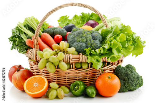 Fresh organic frbroccoli, grocery, lettuce, tomato, vegetable, carrot, ingredient, basket, cabbage, detox, wicker, food, fruit, organic, buy, crop, cut out, full, huits and vegetables in wicker basket