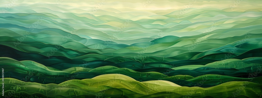 An abstract painting with layers of neat lines in varying shades of green.