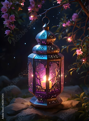 Islamic Background for Eid Mubarak Lantern Mosque Golden Crescent 3d clouds AI generated 